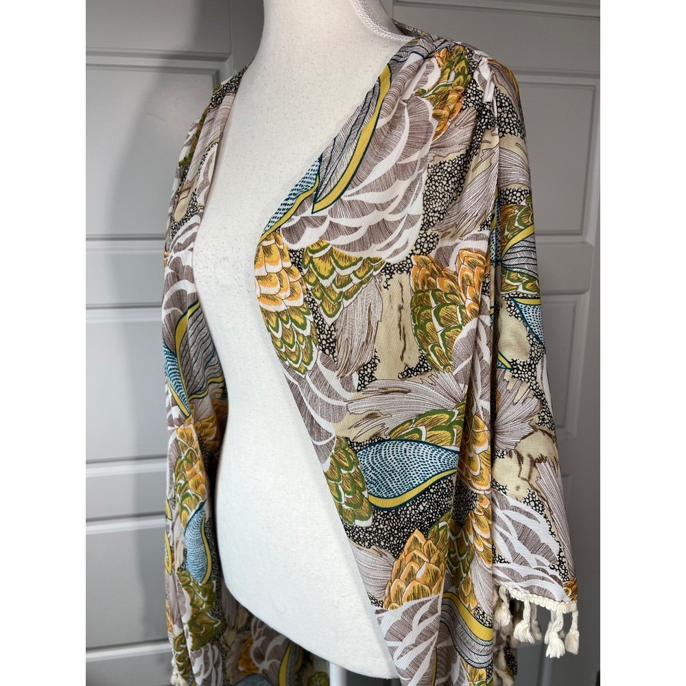 Oober Swank Bohemian Kimono Open‎ Front Tassel Trim Floral Print Cover Up Small